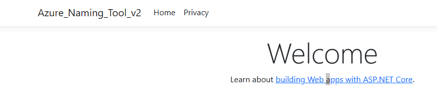 Welcome Screen for Azure Naming Tool